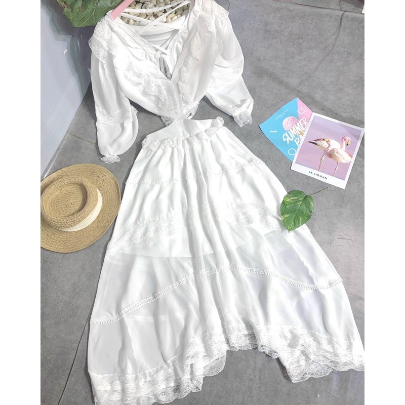 Đầm maxi trắng phối ren bông đan lưng chéo xoè bồng, Váy midi tầng sống ảo du lịch tiệc kỉ yếu thời trang nữ (hình thật) | BigBuy360 - bigbuy360.vn