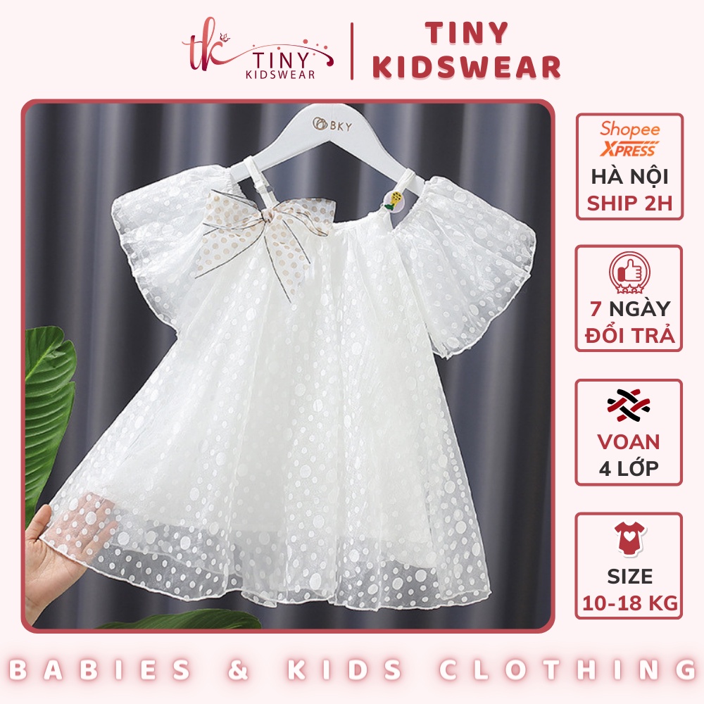Váy Đầm Voan Trắng Chấm Bi Trễ Vai Cho Bé Gái Từ 10-18kg [V15]