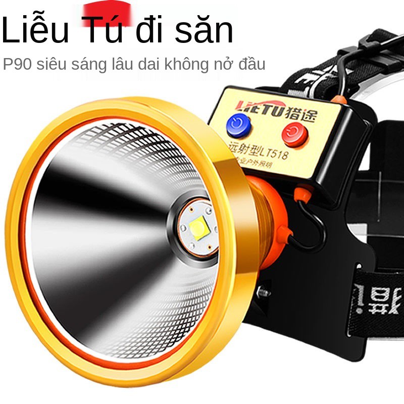 Đèn pha LED lõi tứ P90 ánh sáng mạnh có thể sạc lại câu cá ngoài trời đánh ban đêm vàng thợ mỏ gắn đầu thoát