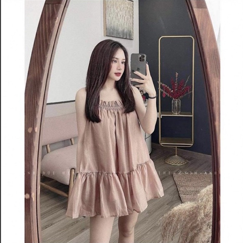 Bộ đũi 2 dây dáng xoè chun ngực babydoll dạng váy kèm quần sooc đùi
