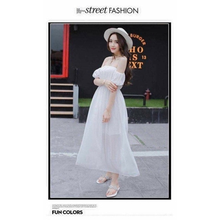 Đầm maxi trắng tay con