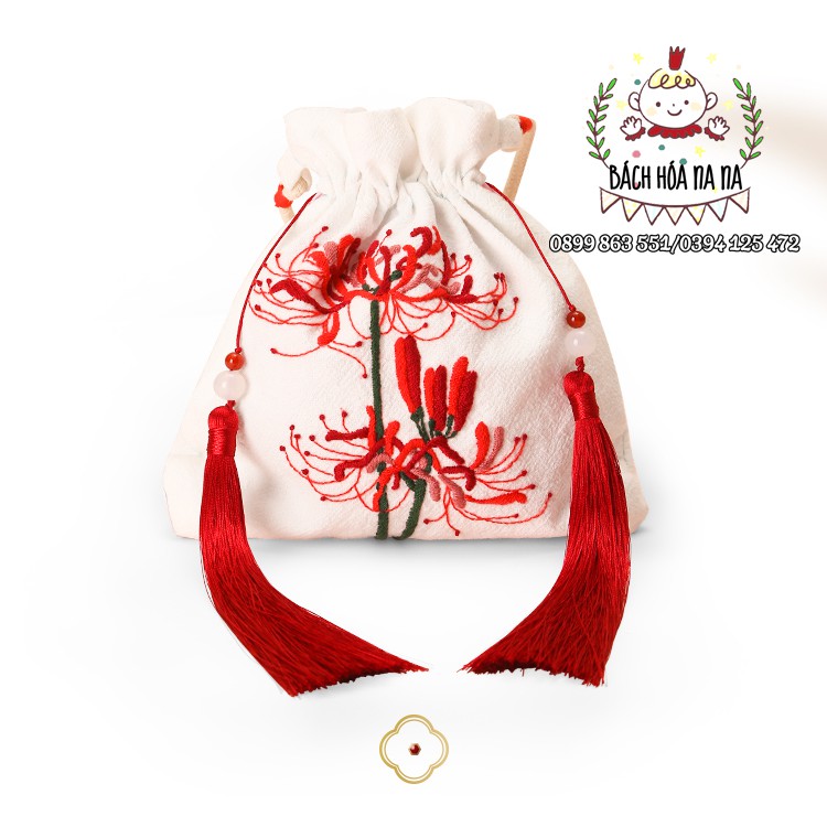 Kit tập thêu DIY - Túi Vải dây rút  họa tiết thêu tay hoa nhỏ hãng Cherish, handmade shop