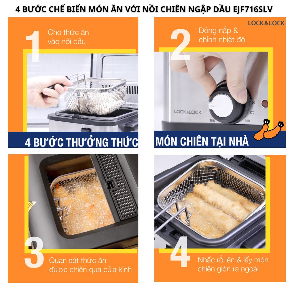 Nồi Chiên Ngập Dầu chính hãng Lock&Lock EJF716SLV , BH 12 tháng, chiên gà rán, mực, tôm, nem siêu giòn