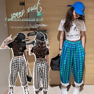 Set Áo Thun Ngắn Tay Và Quần Dài Sọc Caro Thời Trang Cho Bé Gái