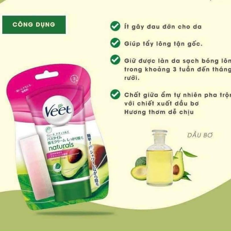 [Tặng kèm bông] Kem Tẩy Lông Veet Nhật Bản Naturals In Shower Hair Removal Cream Sensitive 150g Chiết Xuất Dầu Quả Bơ