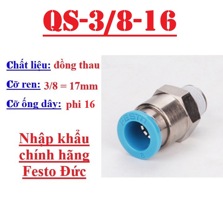 Khớp nối nhanh ren ngoài khí nén Festo✴️đầu cút nối nhanh ống dây hơi phi 4, 6, 8, 10, 12, 16 QS ren 1/8, 1/4, 3/8, 1/2