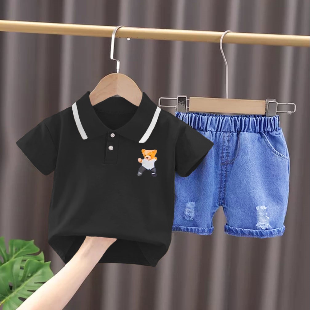 Bộ Quần Áo Vải DENIM Ngắn Hình Gấu KUNGFU Thời Trang Cho Bé 1-5 Tuổi