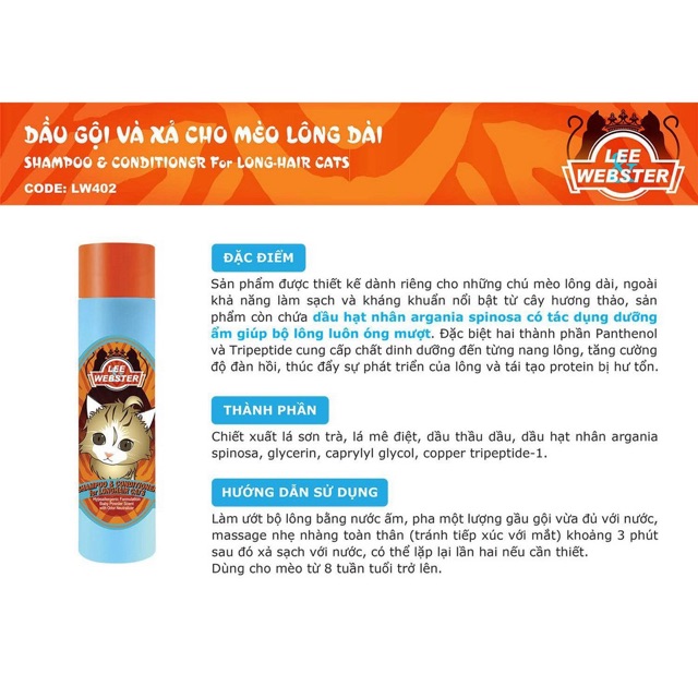 Dầu gội và xả mèo lông dài Lee&amp;Webster 280g