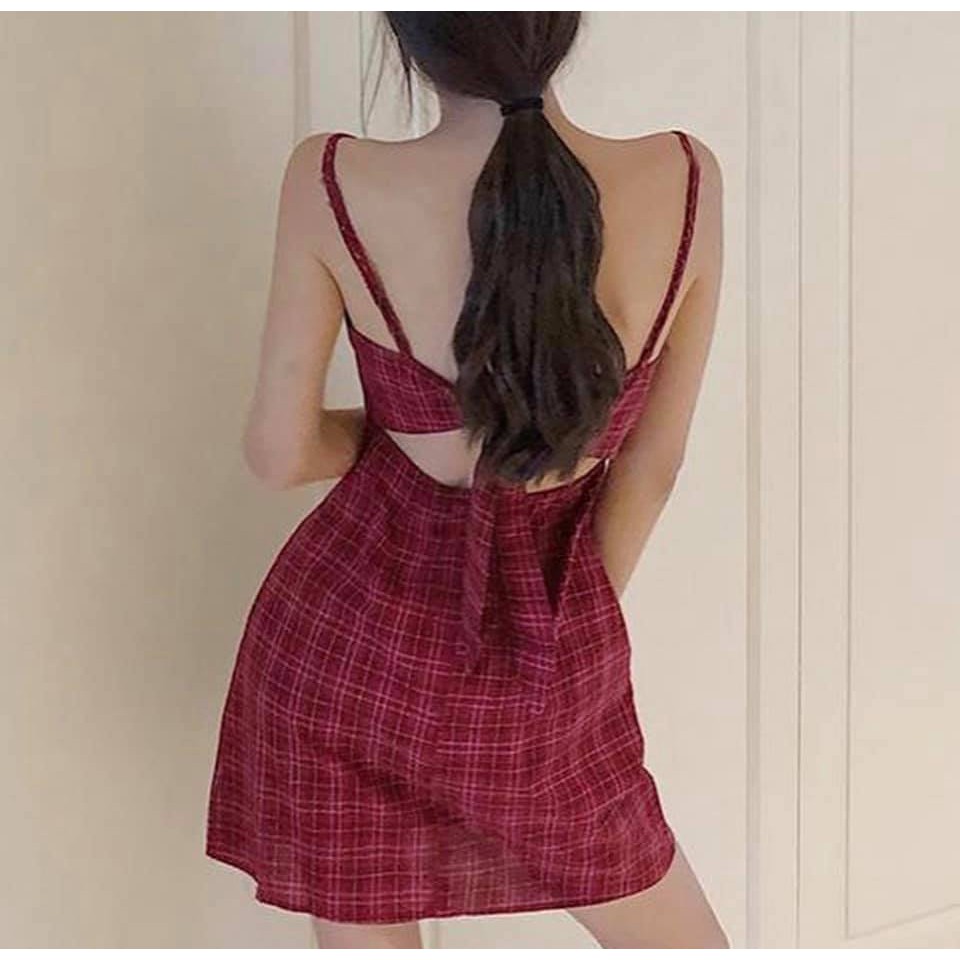 Đầm 2 dây kẻ đỏ thắt nơ sau đi chơi ,đi biển siêu xinh - Váy hai dây kẻ cá tính