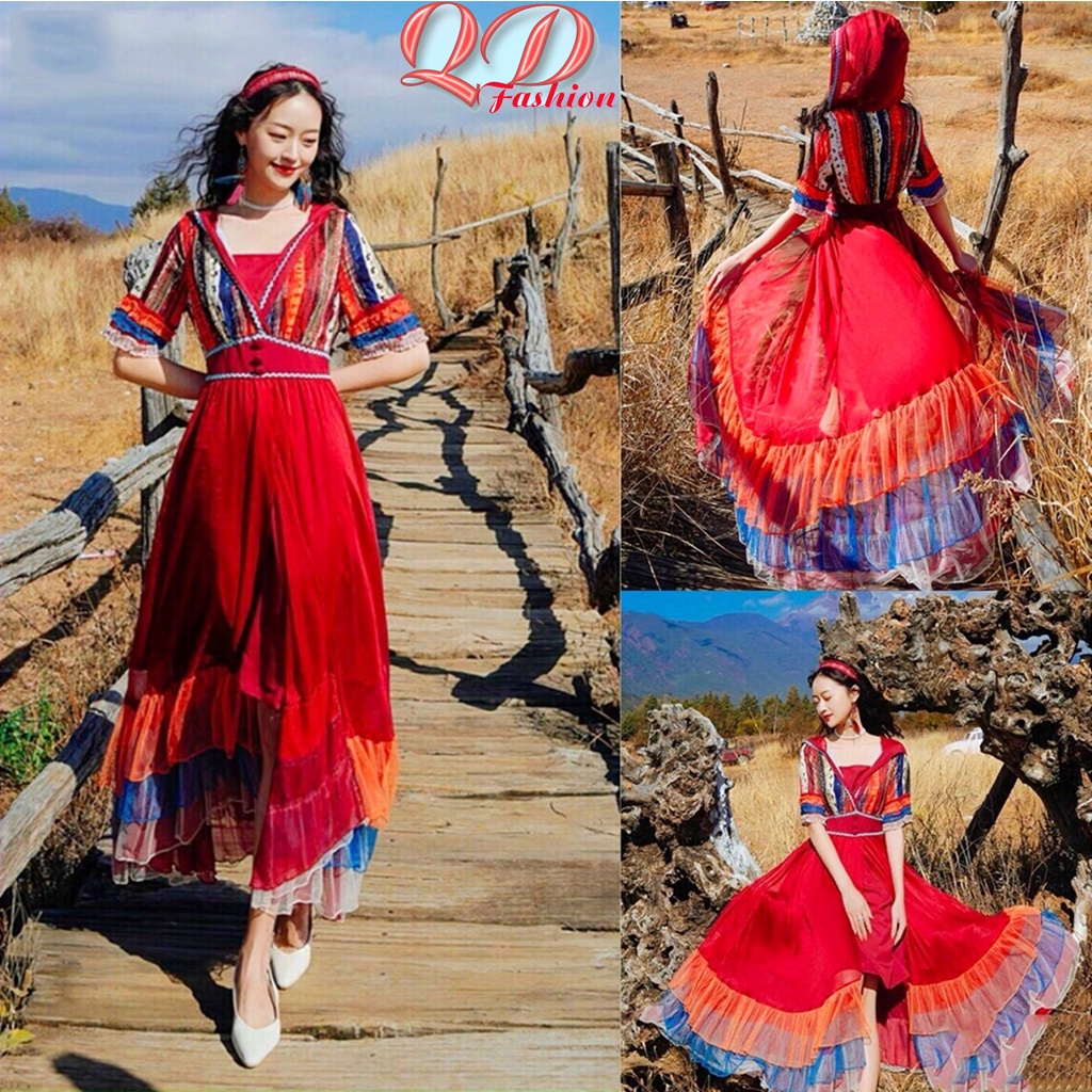 Đầm maxi nữ thổ cẩm dáng dài boho đi biển xẻ tà kèm mũ che đầu cá tính phong cách QD MSP011
