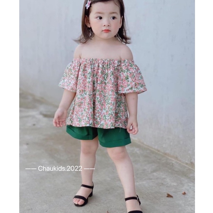 SIÊU PHẨM !! Bộ cộc tay bé gái, Set hoa nhí trễ vai quần xanh bé gái
