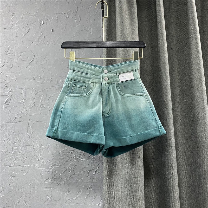 Quần short denim lưng cao 2 túi màu gradient thời trang mùa hè 2022 dành cho nữ