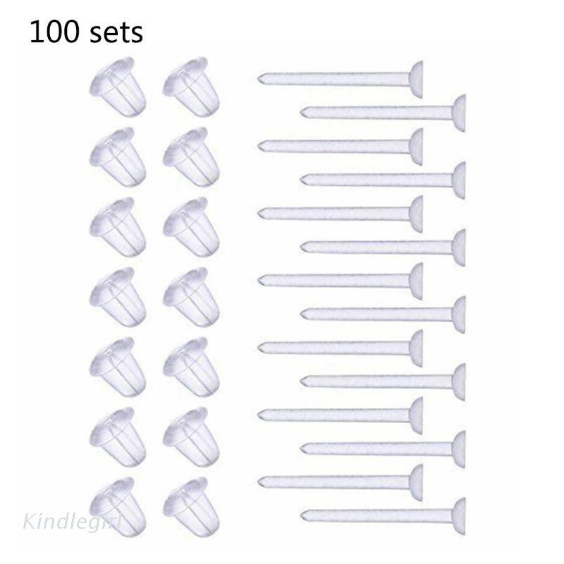Bộ 100 khuyên tai dạng kim xỏ bằng nhựa trong suốt đơn giản không gây dị ứng