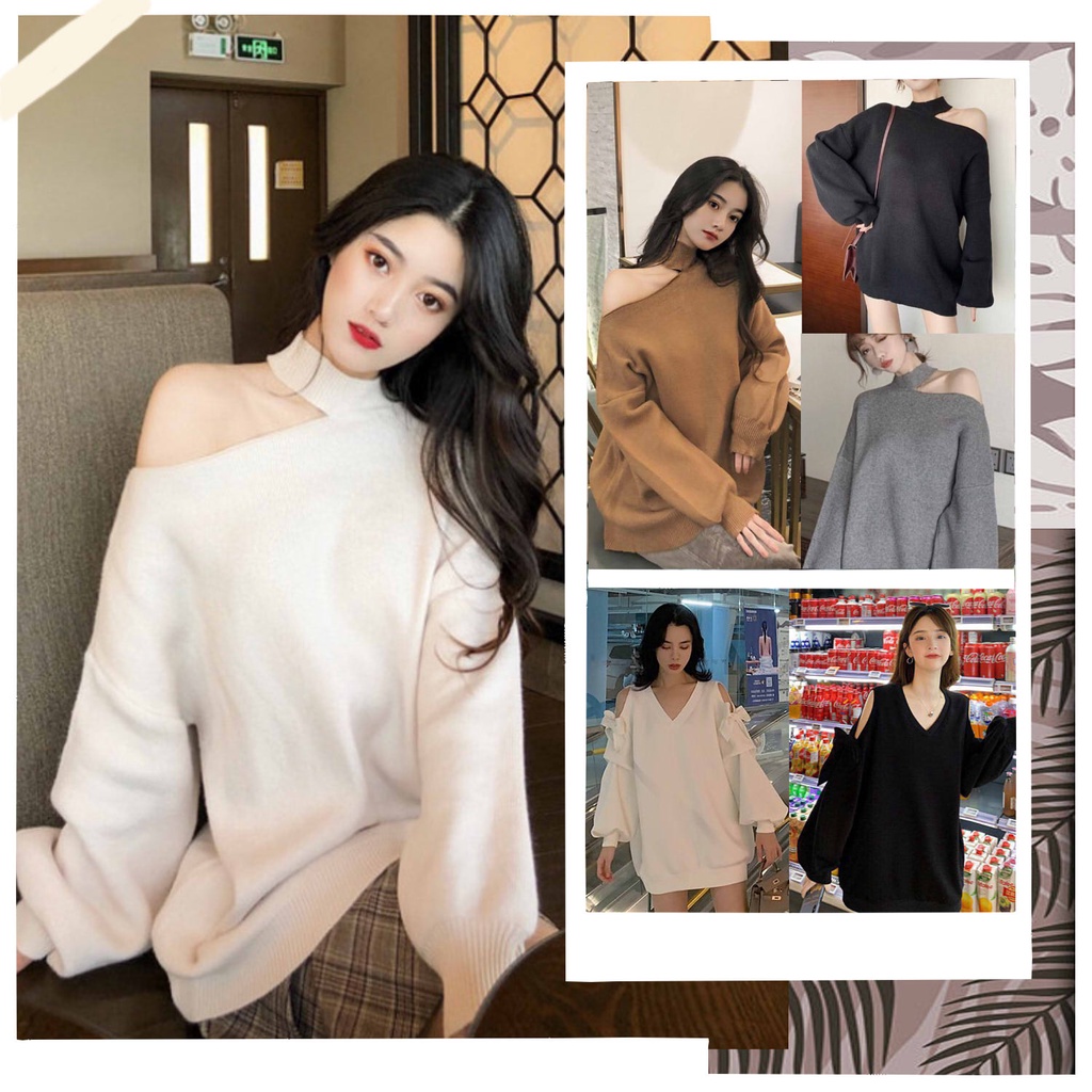 A034 Áo sweater nỉ khoét lệch vai form rộng nữ chất dày dặn hè thu quyến rũ cổ lọ thiết kế kiểu Ulzzang sang trọng