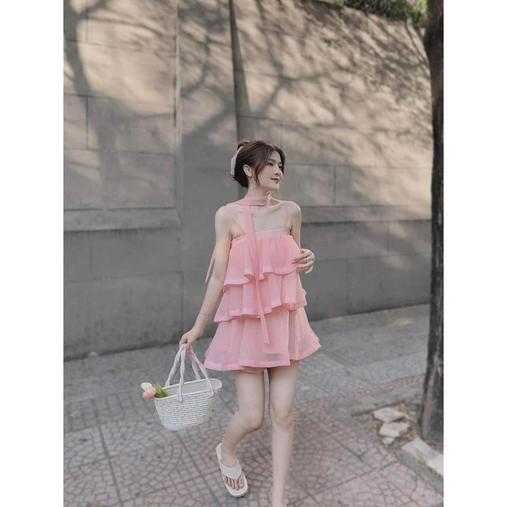 SET ĐẦM BỐNG TẦNG HỒNG CAM BBD BÈO TẦNG + QUẦN SHORT KEM CAM (TH)