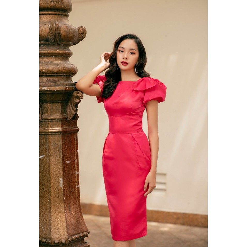 Đầm body tay phồng nơ vai