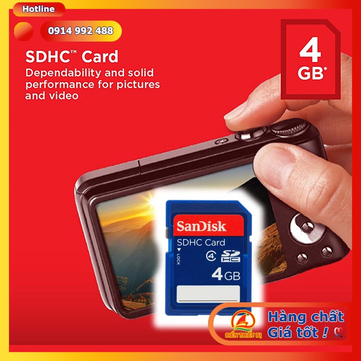 Thẻ nhớ SD Sandisk 4GB Class cho máy tính công nghiệp, Laptop, máy ảnh, PDA và các thiết bị điện tử khác.