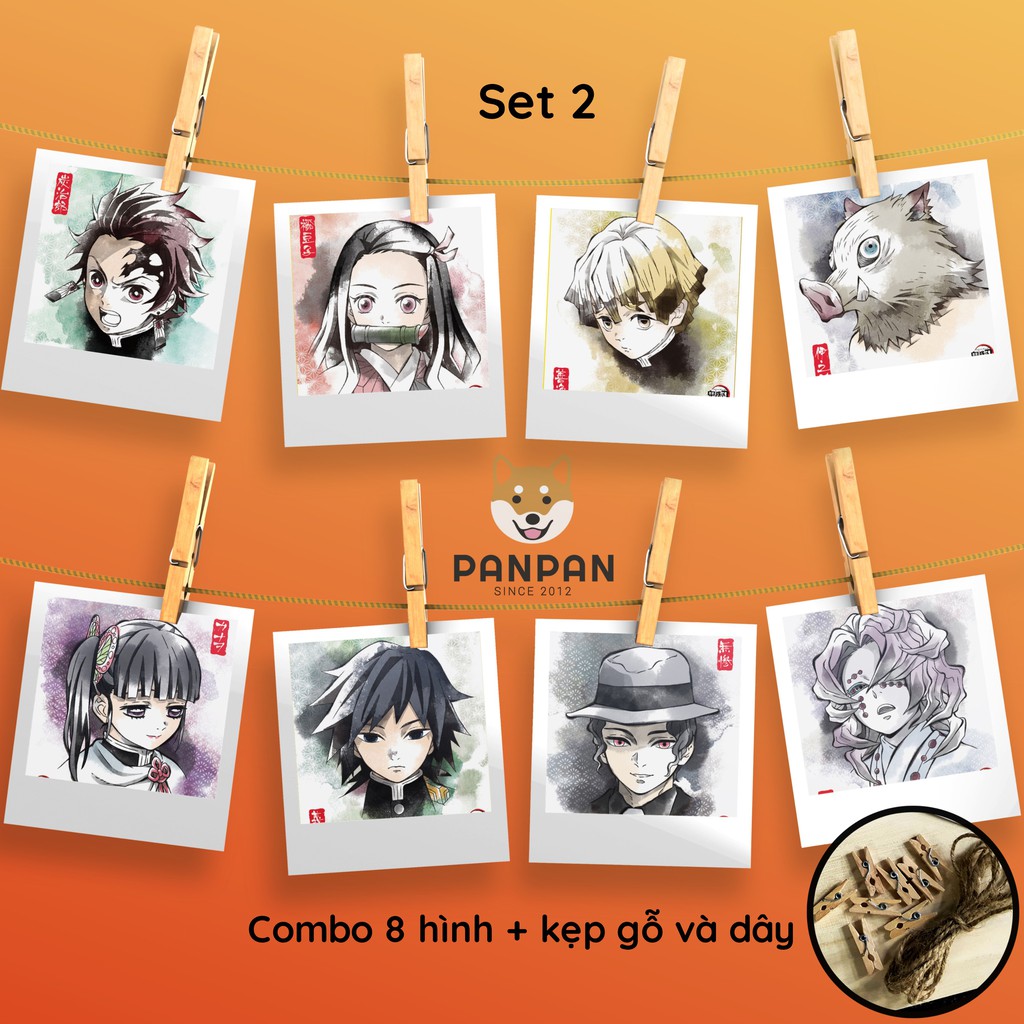 Combo 8 ảnh card lomo polaroid trang trí Anime Kimetsu no Yaiba (tặng kèm dây và kẹp)