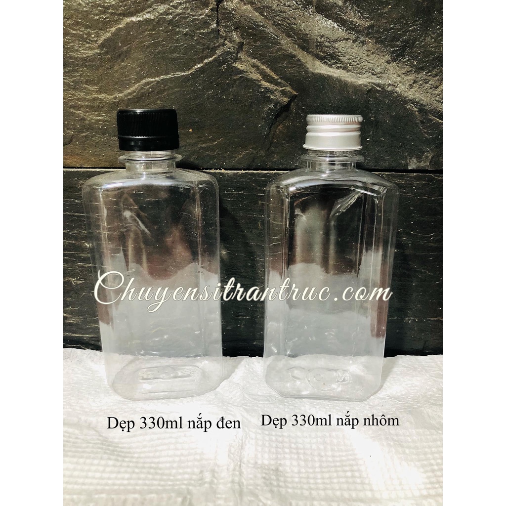 Combo 10 chai nhựa 330ml vuông dẹp chữ nhật đựng trà sữa, nước ép kèm nắp nhựa, nắp nhôm