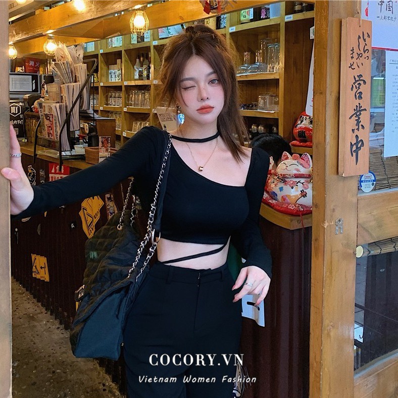 Cocory vn Áo Croptop Đen Tay Dài Phối Ren Hoa Thiết Kế Quyến Rũ
