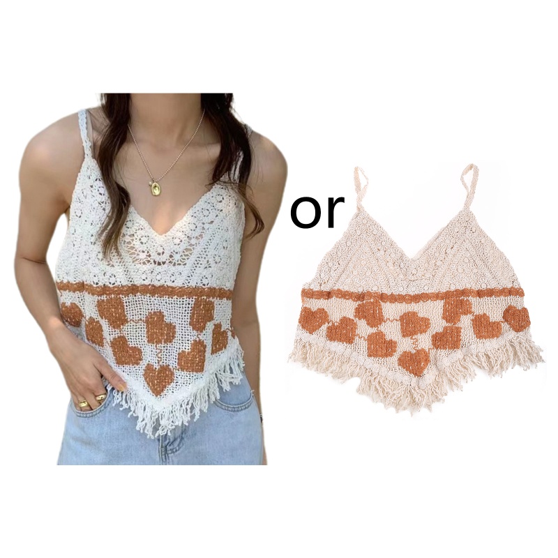 Áo Croptop Dệt Kim Hai Dây Cổ Chữ V Phối Tua Rua Gợi Cảm Cho Nữ