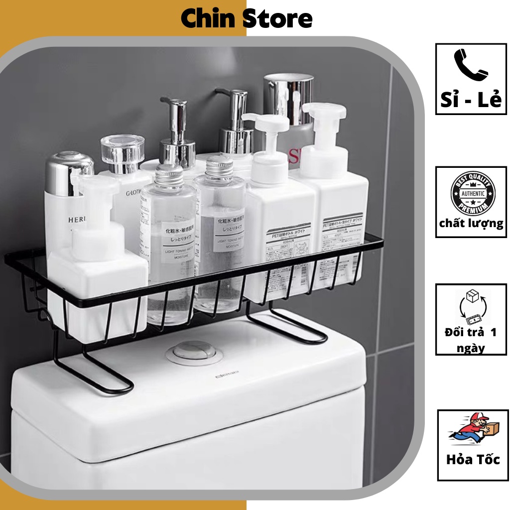 Kệ để đồ toilet, nhà vệ sinh dán tường thông minh không cần khoan đục, có móc treo hai bên 11*35*15 cm
