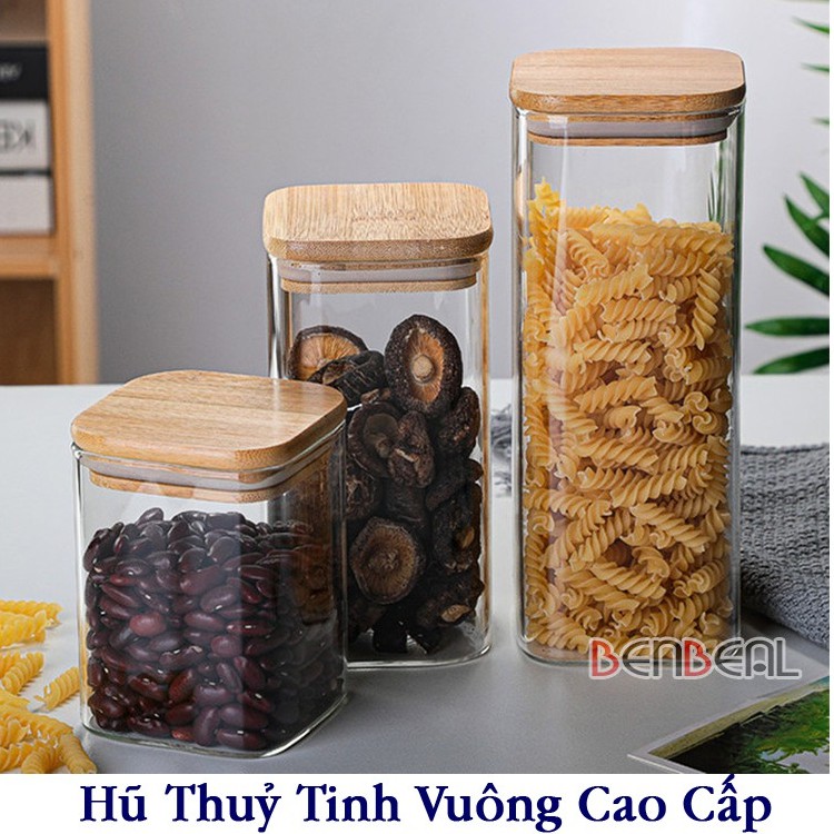 Hũ Thủy Tinh Vuông, Hộp Thủy Tinh Vuông, Lọ Thủy Tinh Vuông Nắp Gỗ Đựng Thực Phẩm, Đồ Khô, Ngũ Cốc cao cấp