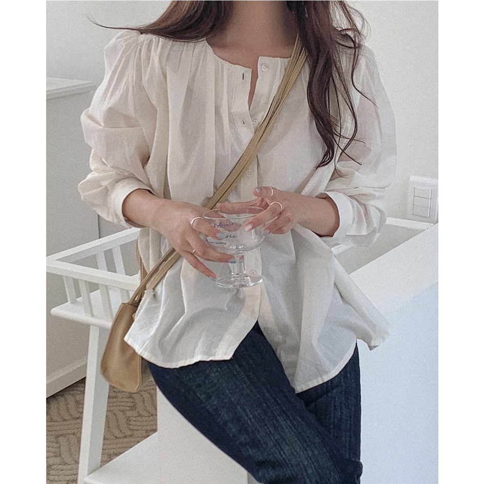 Áo sơ mi Peppermint 45723 cổ tròn dài tay dáng rộng thời trang thanh lịch