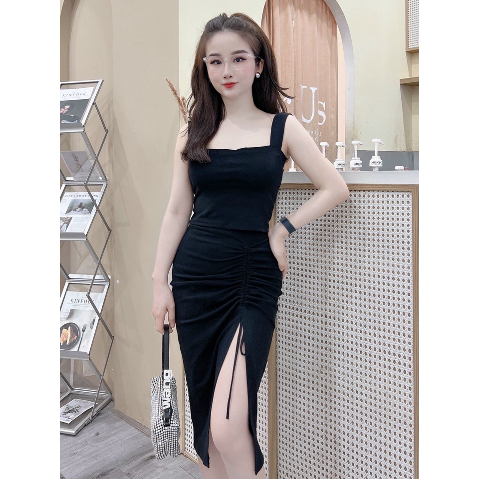 Sét áo croptop hai dây to bản mix chân váy dây rút xẻ tà