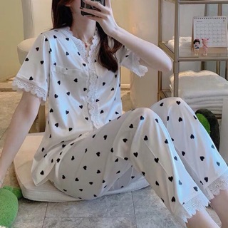 pijama lụa satin cổ V phi bóng chấm bi trái tim sang chảnh