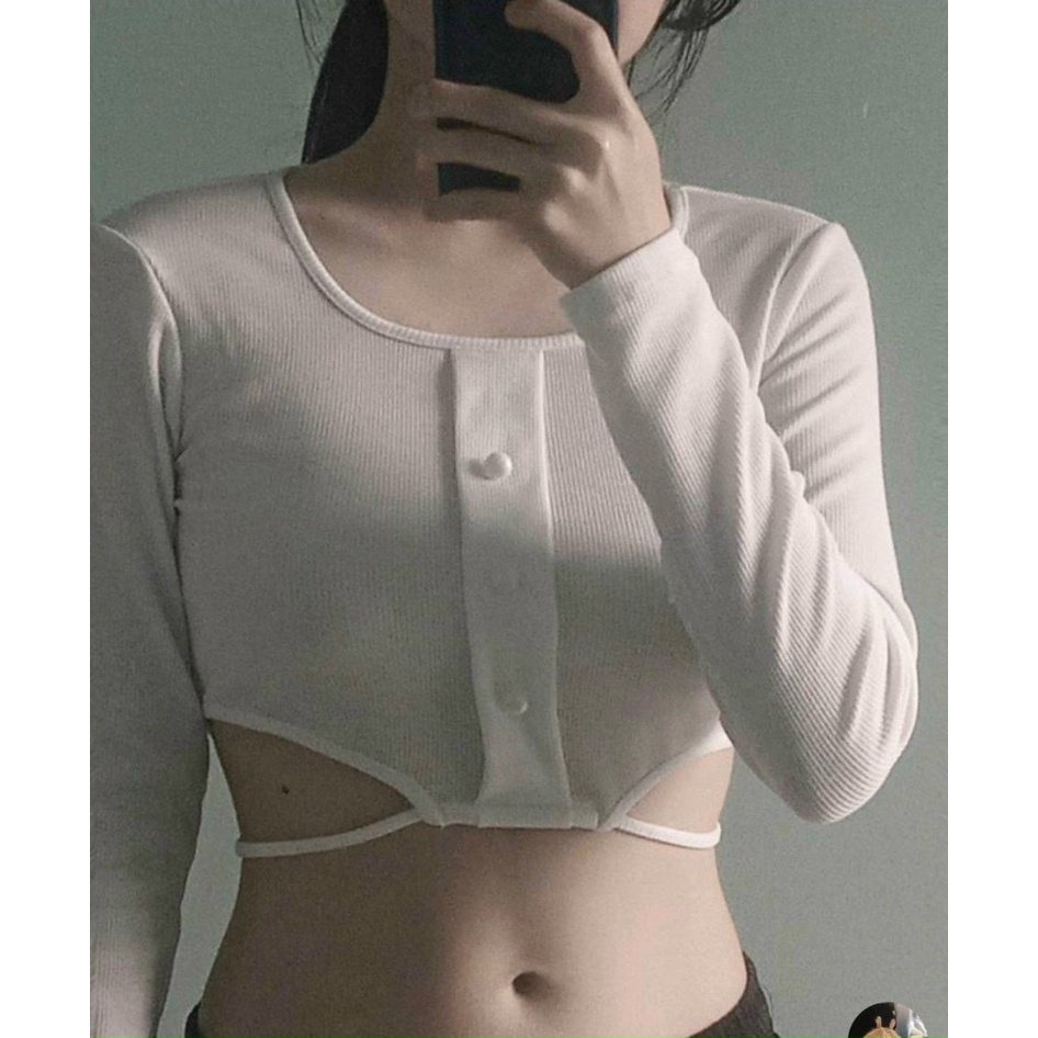 áo croptop cổ vuông hàng nút ngọc buộc dây eo lạ na