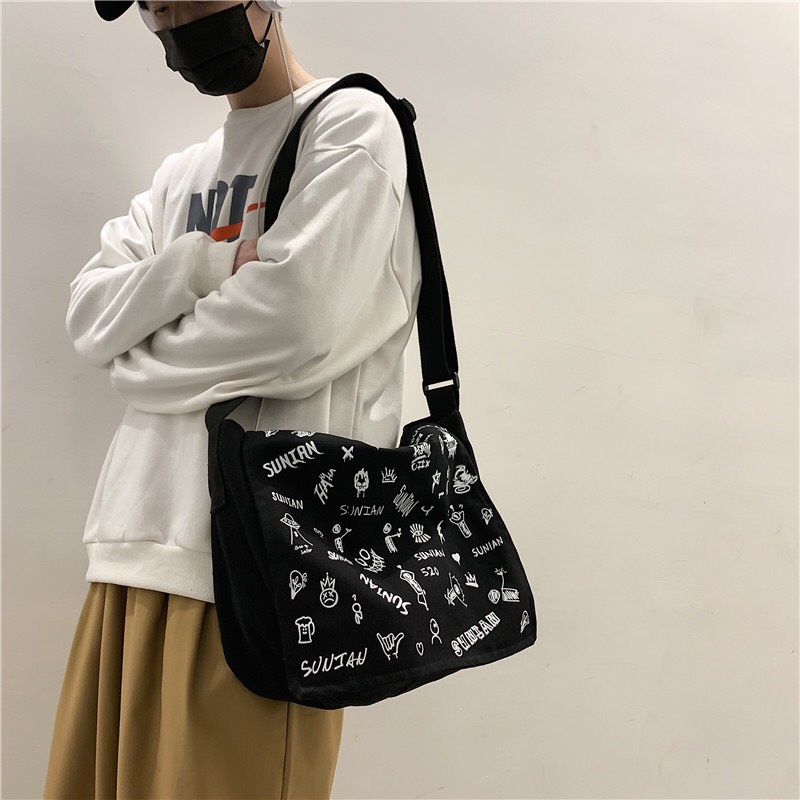 Túi tote vải đeo chéo canvas unisex cao cấp đựng vừa khổ a4 đi học đi chơi Hàn Quốc