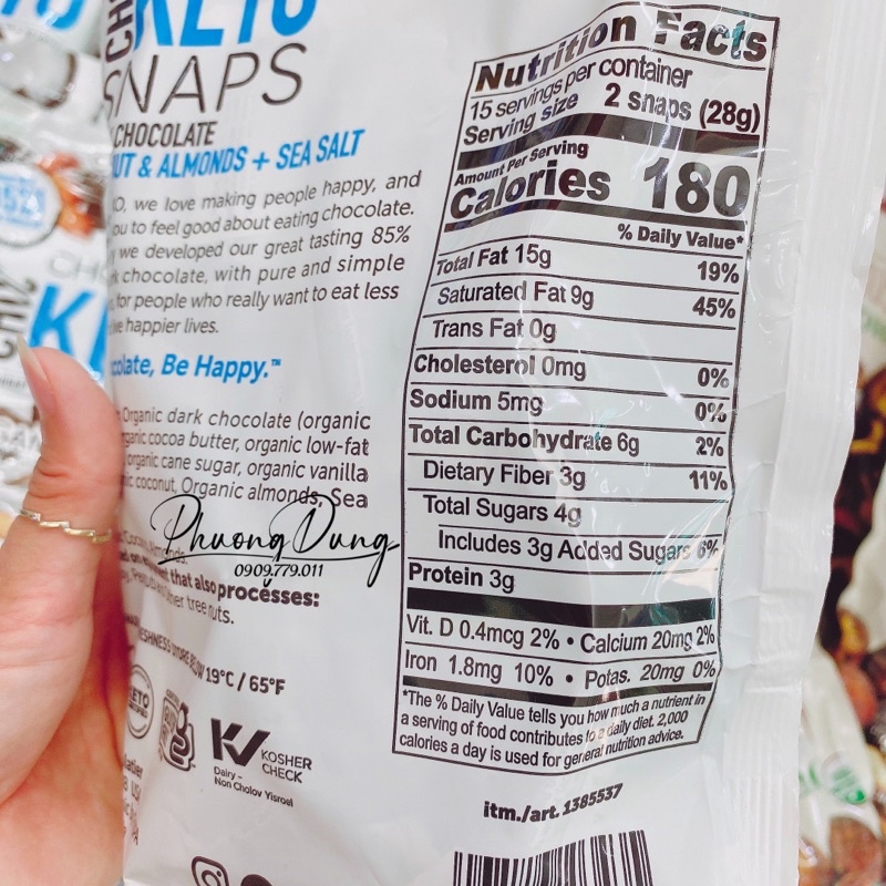 Socola đắng Chocxo Keto Snaps Dark Chocolate Coconut Almond Sea Salt Mỹ 420g