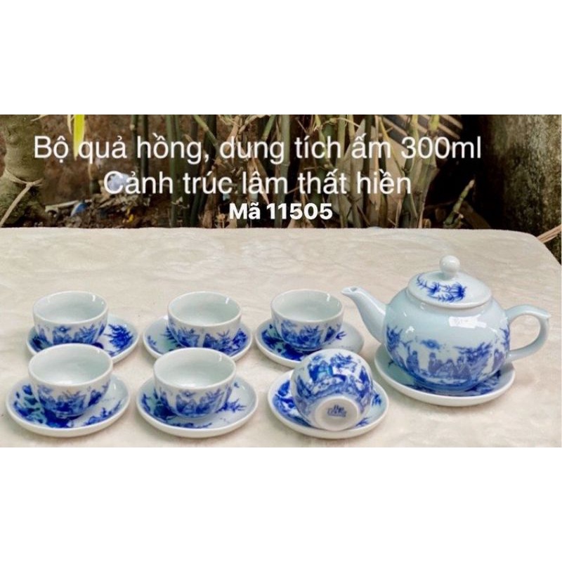 Bộ ấm chén men lam vẽ cảnh trúc lâm thất hiền.Hàng sứ Bát Tràng.