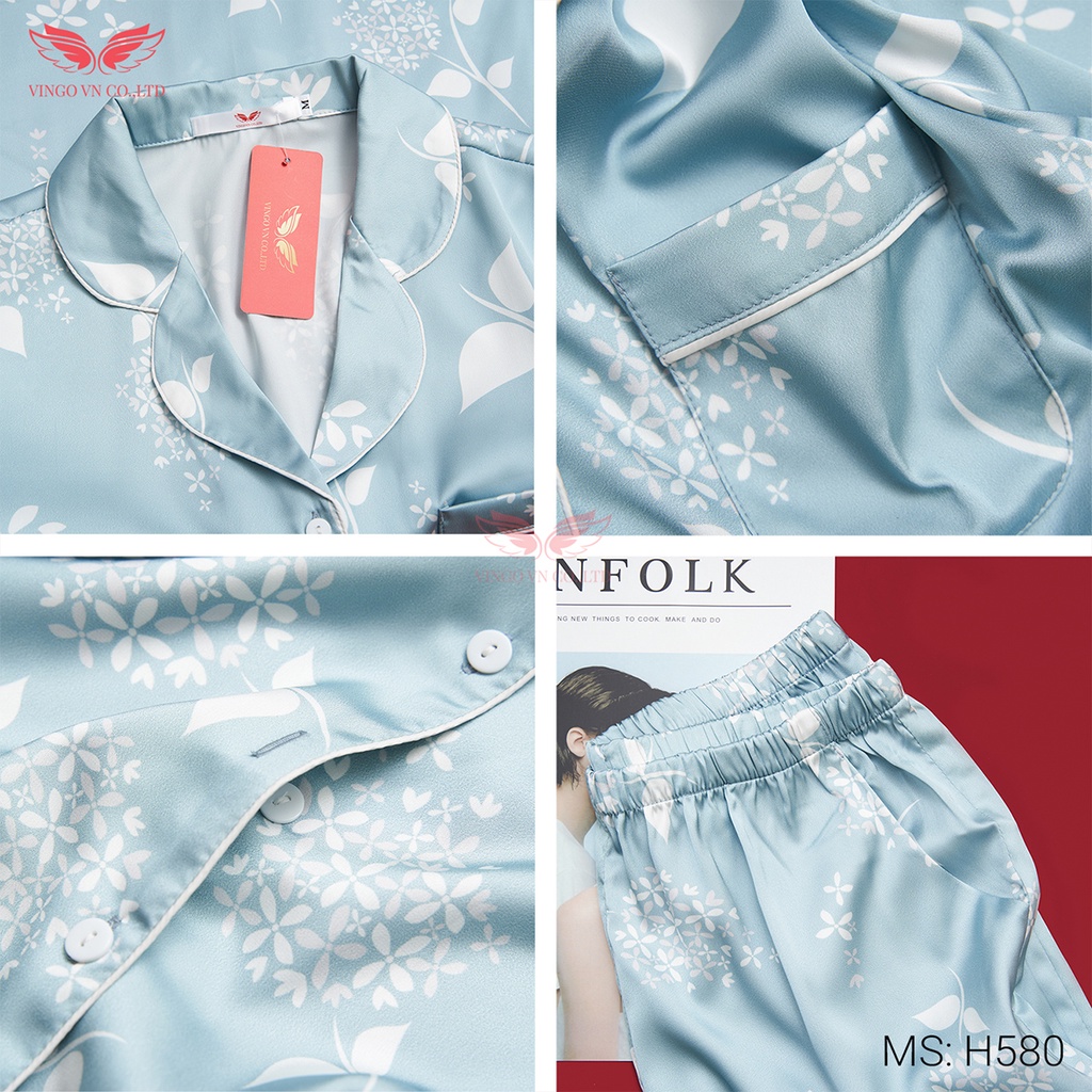 Đồ bộ ngủ nữ pyjama mặc nhà VINGO Lụa Pháp mềm cao cấp tay dài quần dài họa tiết chùm hoa xanh ngọc Thu Đông H580 VNGO | BigBuy360 - bigbuy360.vn