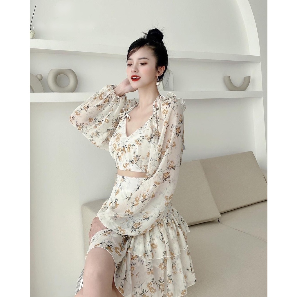 Set váy hoa đi biển cột nơ