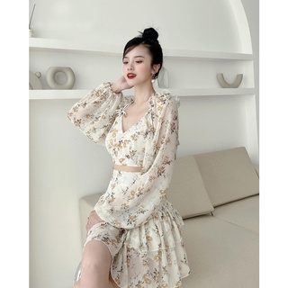 Set váy hoa đi biển cột nơ