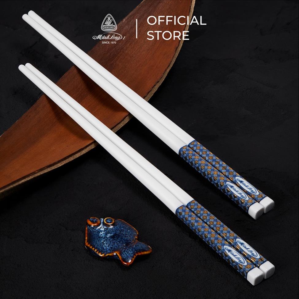 Bộ 02 đôi đũa sứ dưỡng sinh Minh Long 24.4 cm - Xanh - Trang trí vàng - Họa tiết 3 -