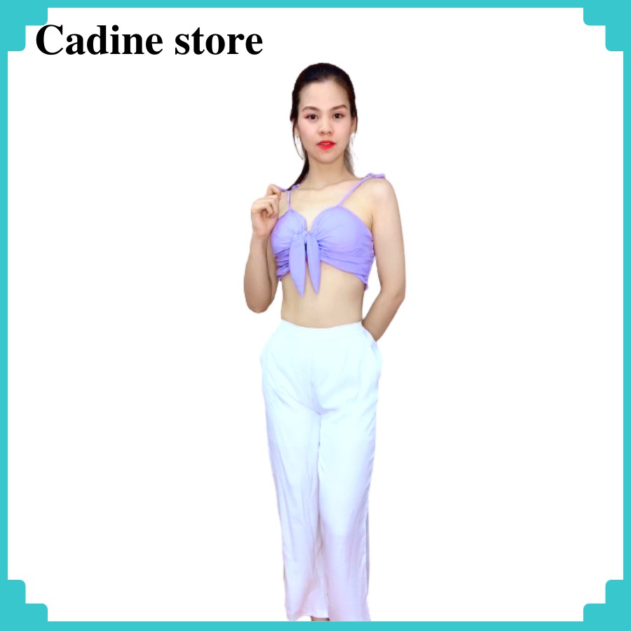 VIP 2021 Set đồ bộ áo bra có đệm màu tím và quần lụa thô trắng cạp chun ống rộng cực đẹp - Cadine thời trang nữ