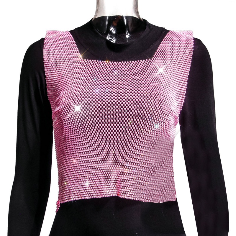 Áo Lưới Croptop Không Tay Thiết Kế Xuyên Thấu Đính Đá Lấp Lánh Thời Trang Đi Biển Quyến Rũ Cho Nữ