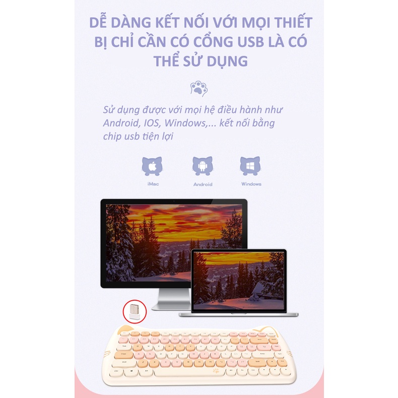 Bàn phím và chuột không dây GEEZER - WIRELESS thiết kế tai mèo đáng yêu phong cách nữ tính 84 nút  ,độc lạ