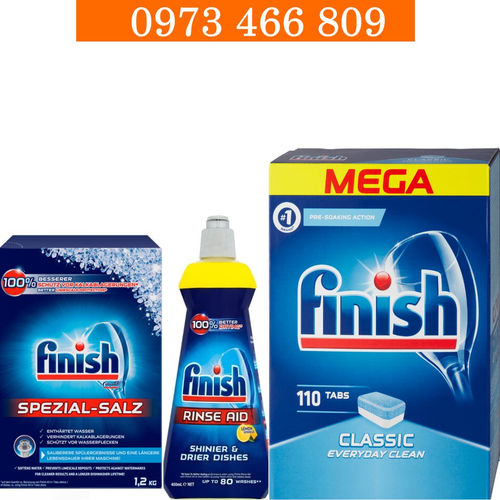 Combo 110 viên rửa bát finish + 1.2kg muối finish + Nước làm bóng finish 400ml dùng cho máy rửa bát