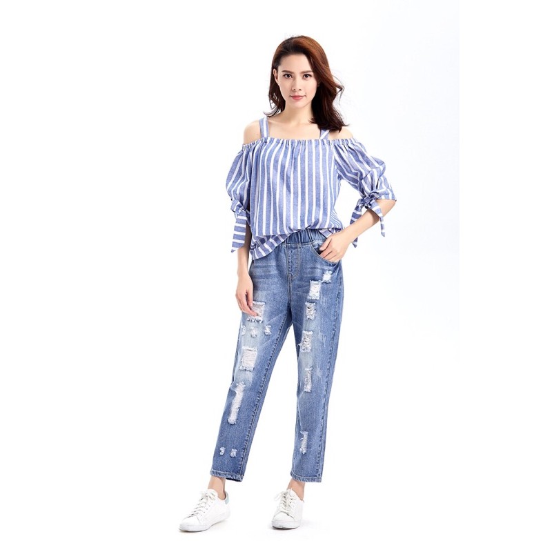 Quần jean baggy big size nữ lưng thun màu xanh nhạt size đại 75-115kg