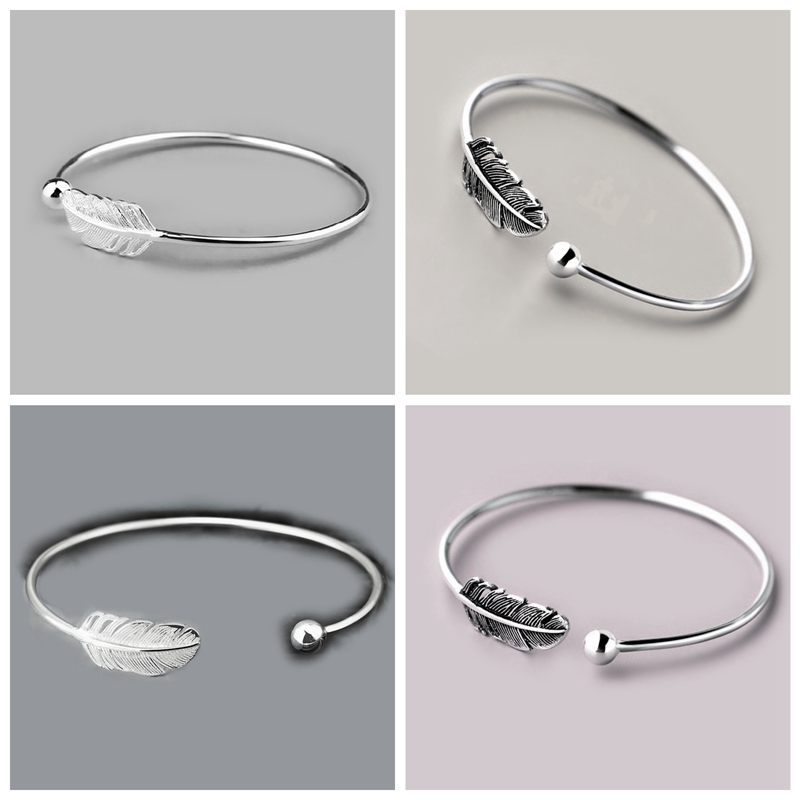 Vòng đeo tay hở bằng bạc 925 không gây dị ứng mặt hình lông vũ đơn giản thanh lịch dành cho nữ