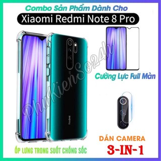 Combo 3 sản phẩm Kính cường lực Full màn Redmi Note 8 Pro + dán camera + ốp chống sốc 4 góc loại xịn