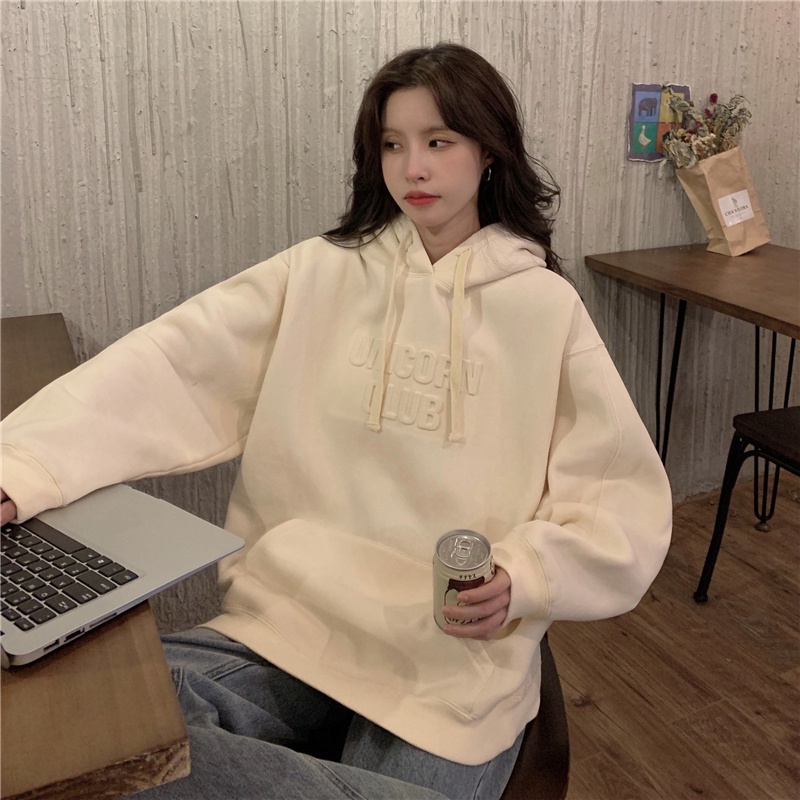 Áo hoodie dáng rộng tay dài vải nhung in chữ thời trang Hàn Quốc  | BigBuy360 - bigbuy360.vn