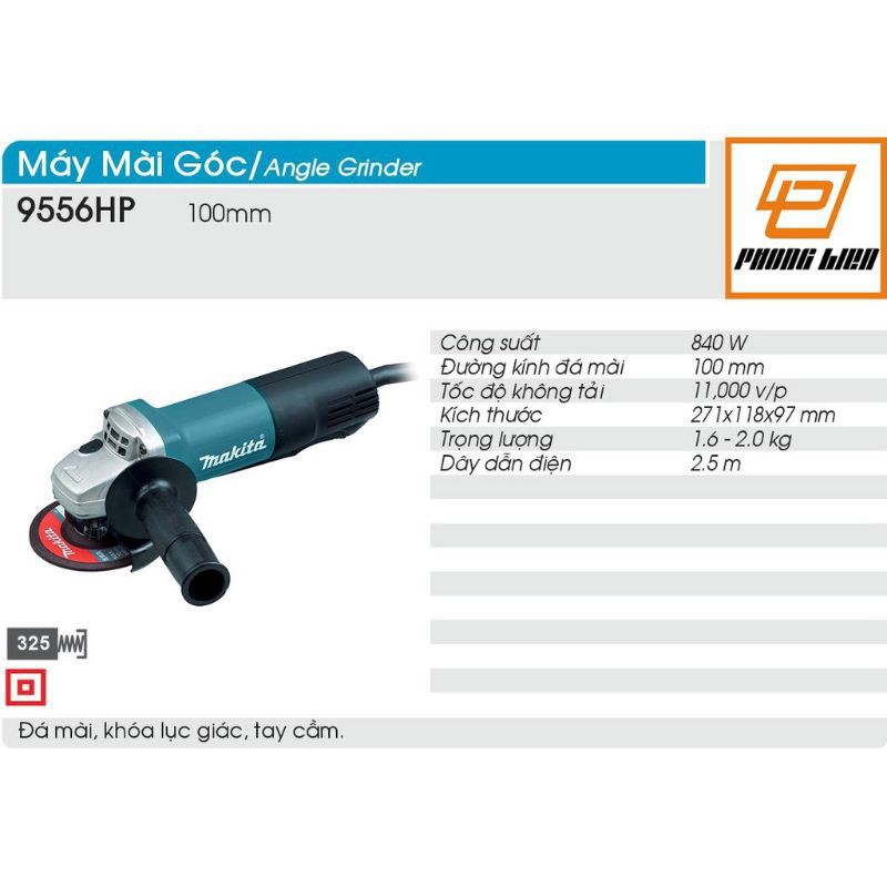 Máy mài góc – máy cắt cầm tay Makita 9556 có giảm nhiệt, roto cách điện, chống rung tốt