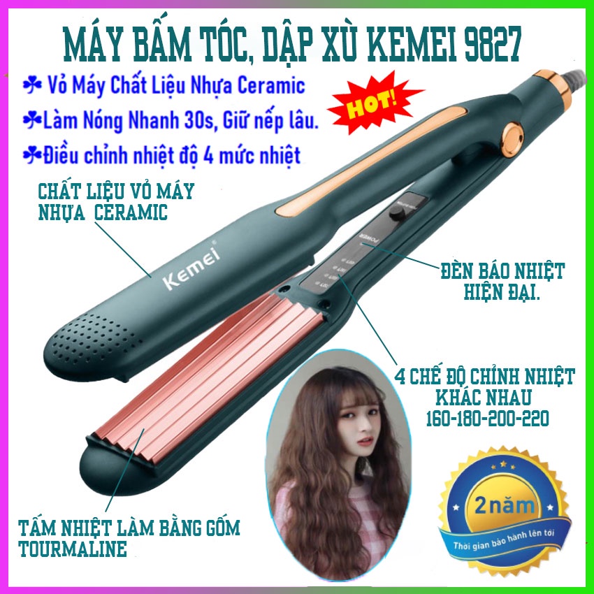 Máy Làm Tóc, Dập Xù, Kẹp Tóc, Duỗi Tóc Bản Lớn Chỉnh Nhiệt Kemei Km 9827 - Bảo Hành 24 Tháng