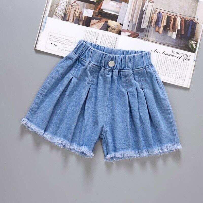 Quần Short Denim Lưng Thun In Hình Trái Tim Cho Bé Gái 5-12 Tuổi