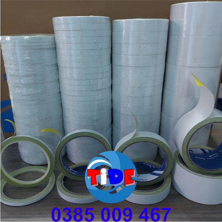 Băng dính 2 mặt dầu vàng thêu bản rộng 5/10/18/47mm – Dùng trong công tác VPP, dán hồ sơ, bao thư, bưu thiếp...